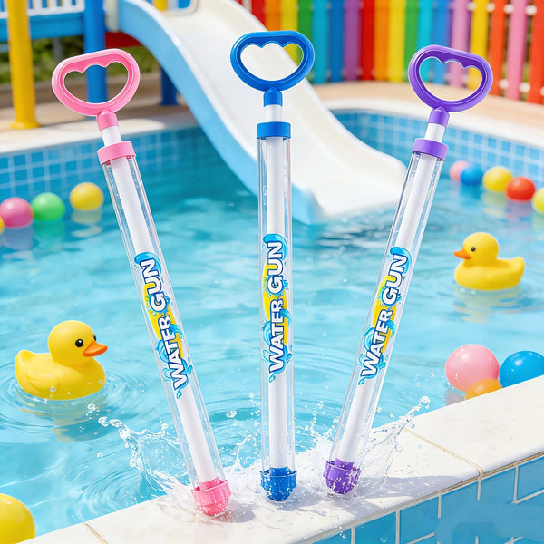 A set of colorful pull-back water guns with pink, blue, and purple handles and clear tubes are shown in a swimming pool.