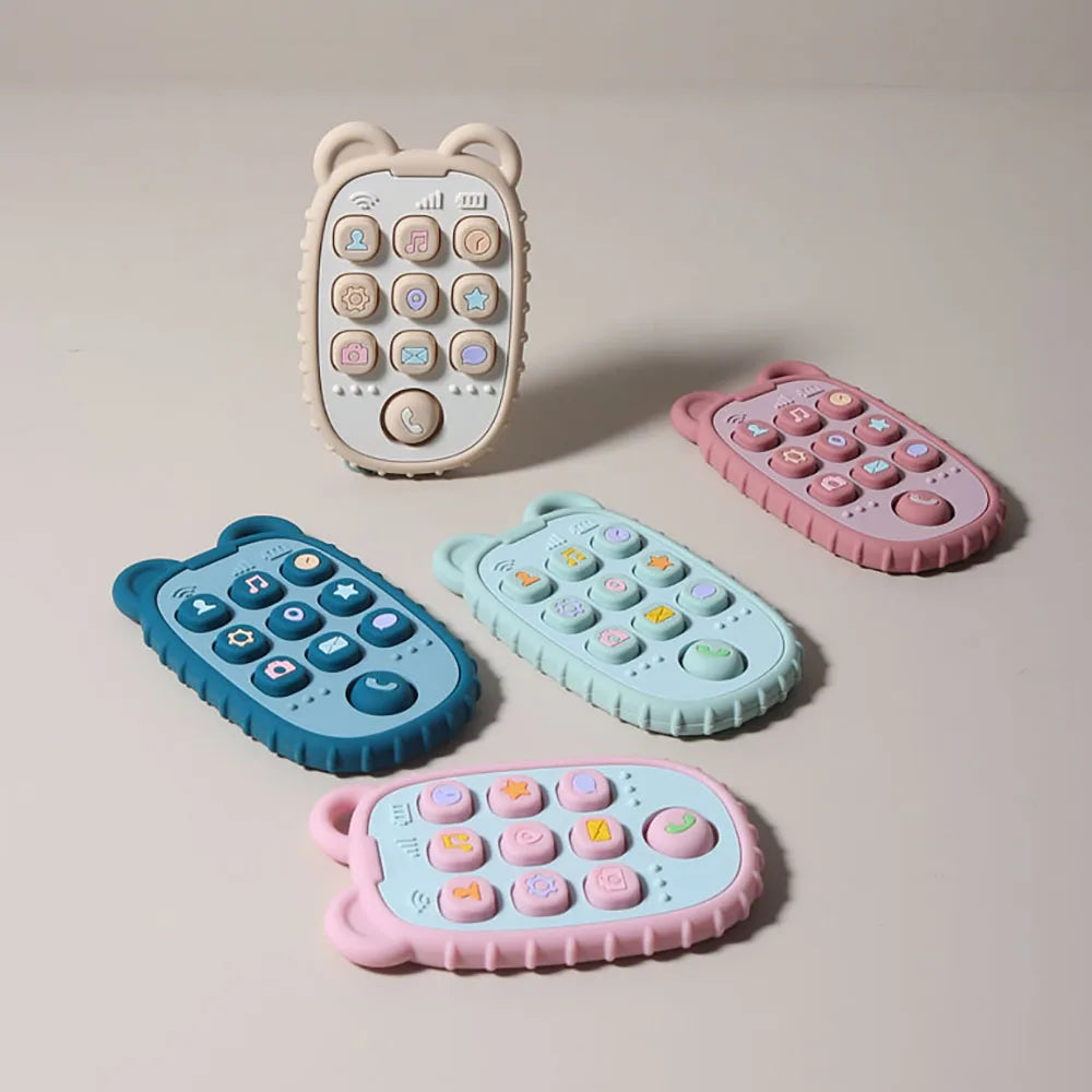 A collection of phone-shaped silicone teethers in various pastel colors and designs for babies.