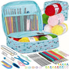 A collection of crochet and knitting tools including needles, yarn, and various accessories for beginners.