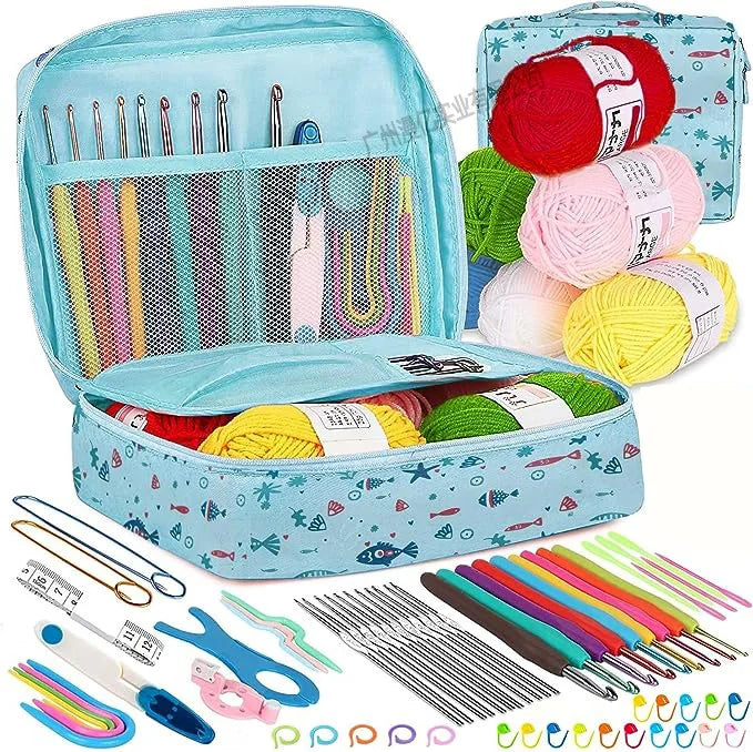 A collection of crochet and knitting tools including needles, yarn, and various accessories for beginners.