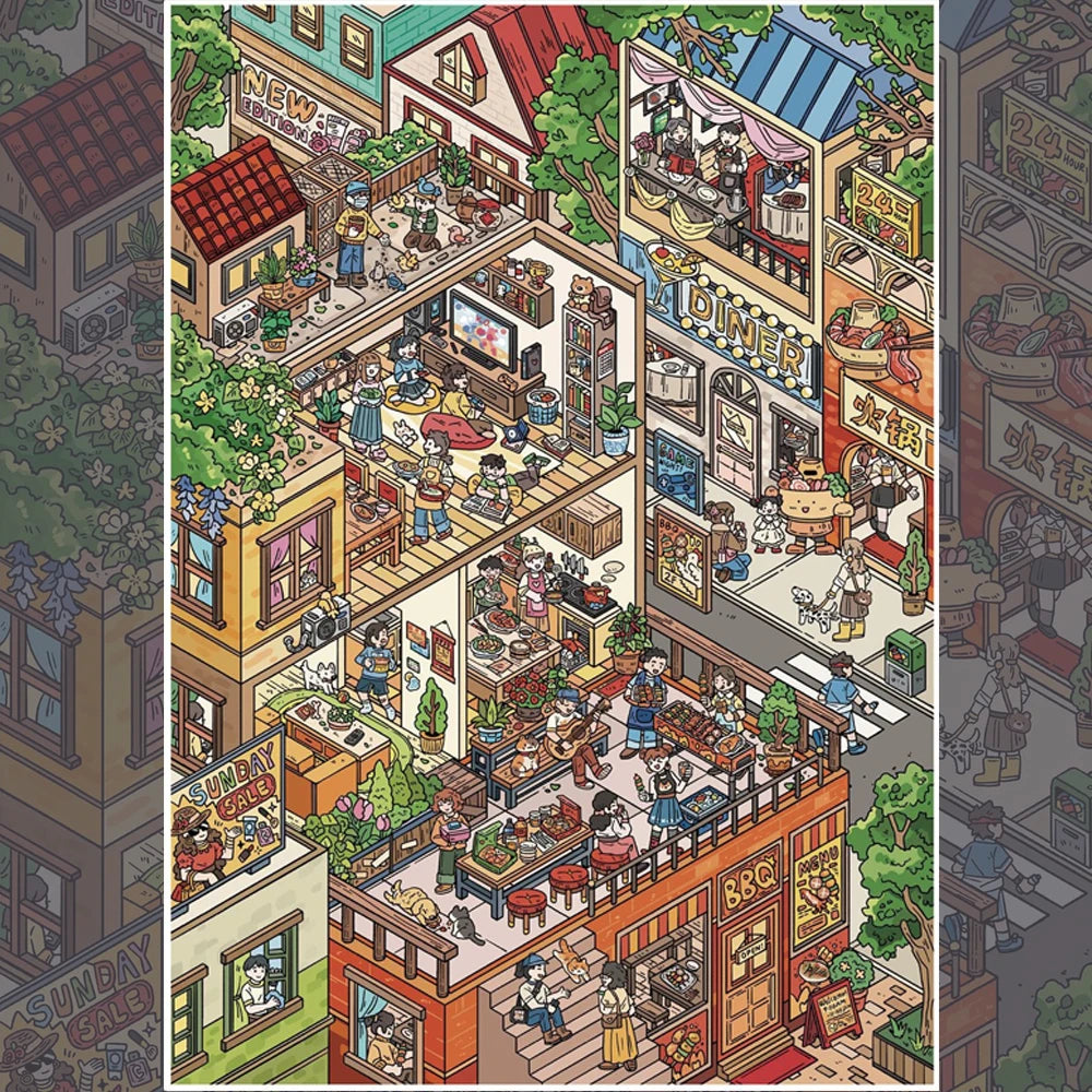 A detailed illustration of a large 3D Kawaii home life scene featuring various characters and objects for scrapbooking.