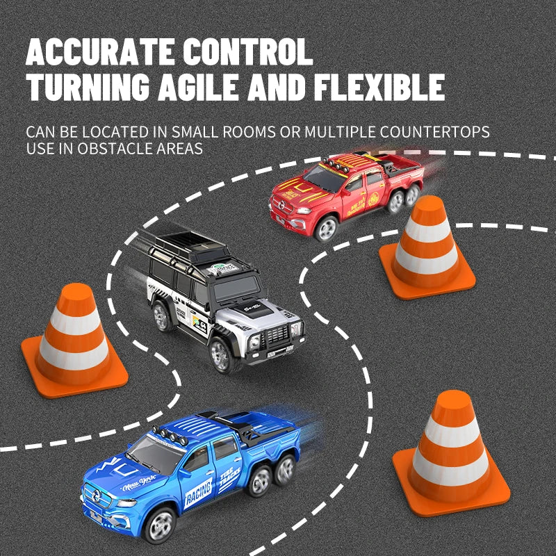A red and blue RC racing truck is shown navigating around orange traffic cones on a gray surface.