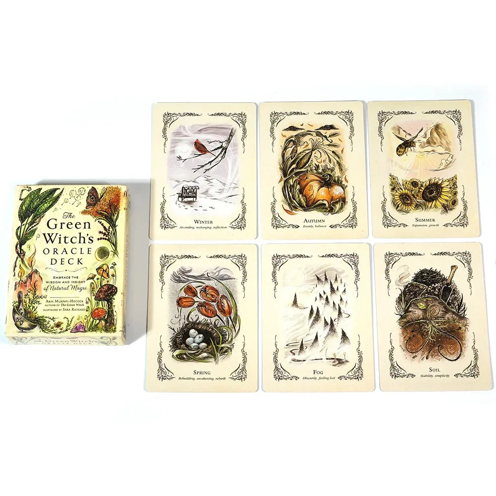 A collection of 10 oracle cards from The Green Witch's Oracle Deck featuring seasonal imagery like Winter, Autumn, Summer, Sp