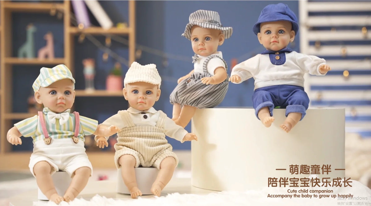 A lifelike 14-inch reborn baby doll with a voice and fashion outfit, shown in a studio setting.