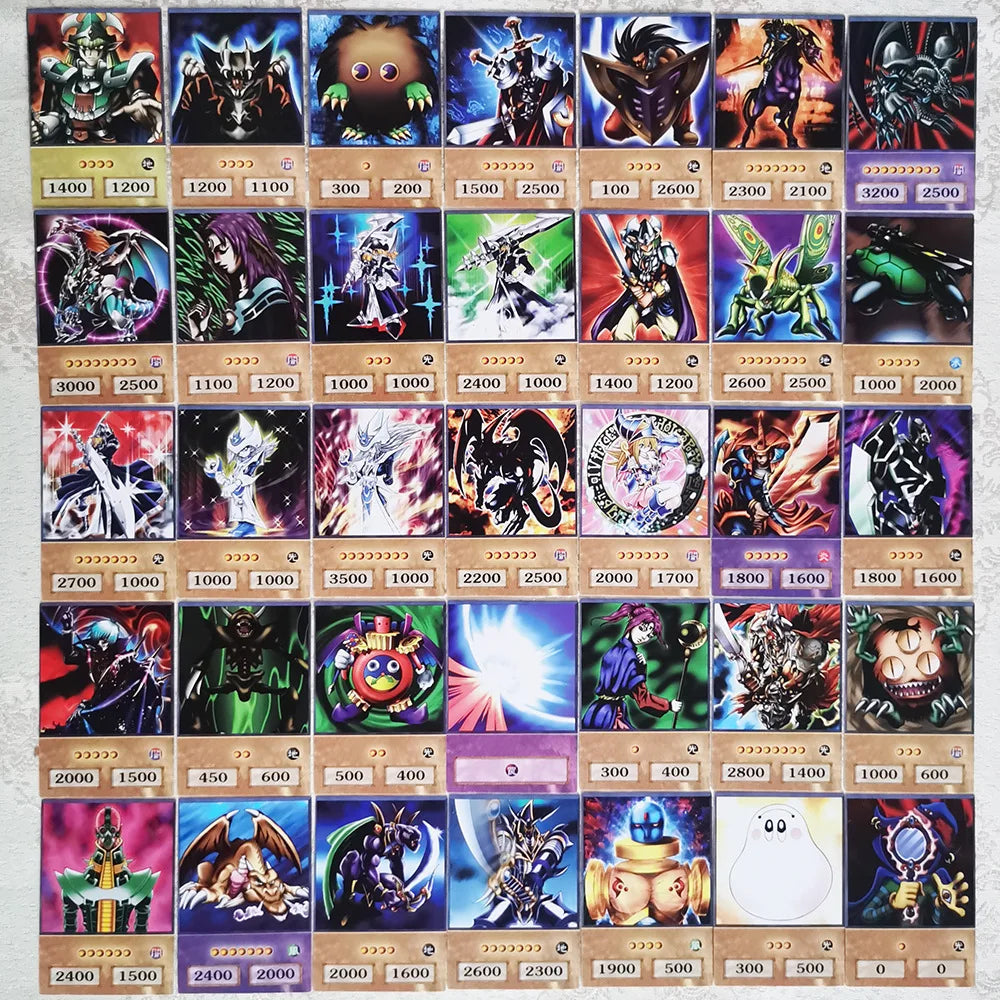 A grid of Yu-Gi-Oh! anime style cards featuring classic monsters and Egyptian gods with various stats.