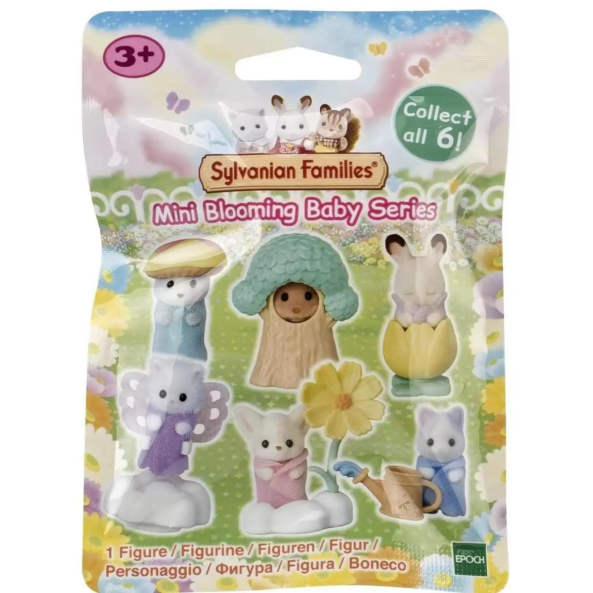 A package of Sylvanian Families Mini Blooming Baby Series figures for children.