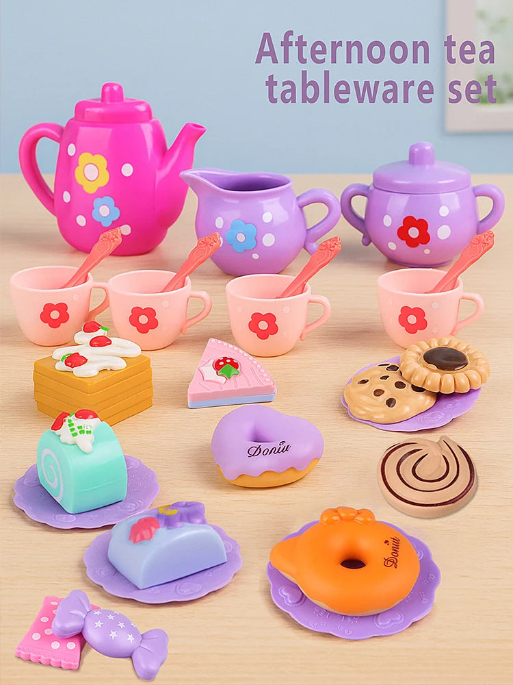 A colorful 27-piece pretend play tea party set featuring pink and purple ceramic teapot, cups, and food items.