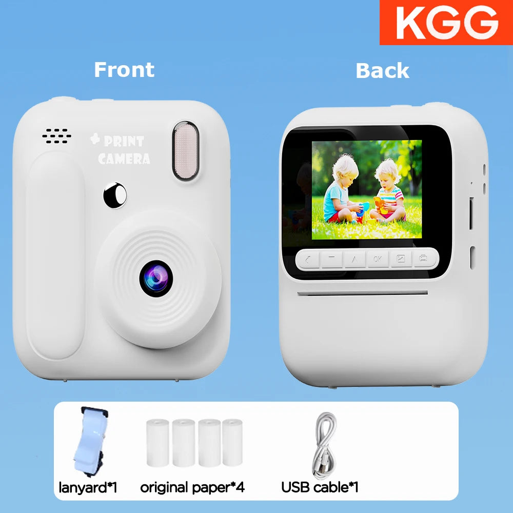 Front and back views of a white instant print camera with accessories like a lanyard, paper, and USB cable.