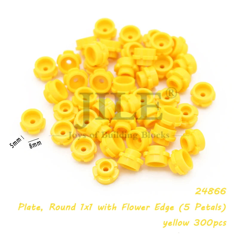 A pile of yellow round building blocks with a flower edge, sold in a 300-piece set.