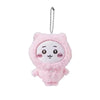 A pink Usagi Hachiware plush keychain with a white face design and a silver chain.