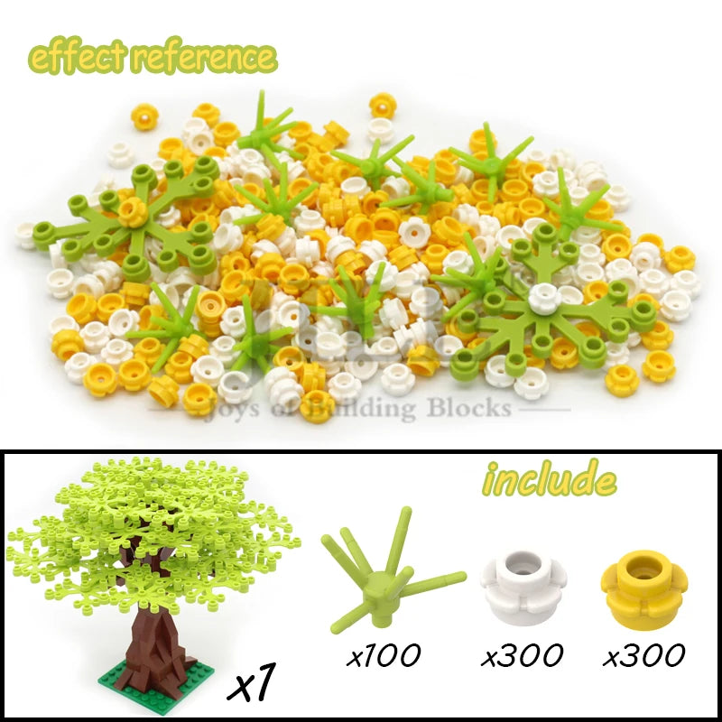 A set of 7 building blocks shaped like a cherry blossom tree, including 100 light green and 300 yellow blocks.