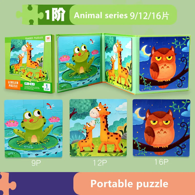A set of three phased puzzles featuring animal series themes including a giraffe, a frog, and an owl.