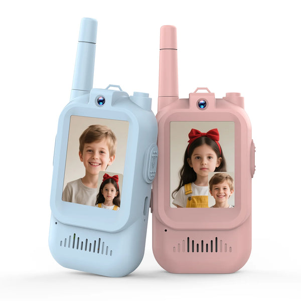 A pair of pink and light blue kids HD video walkie talkies with cameras and microphones.