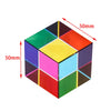 A colorful optical color cube prism with various colored faces and dimensions marked in millimeters.