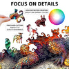 A detailed puzzle featuring a dragon and other mythical creatures cut from wood with vibrant colors.