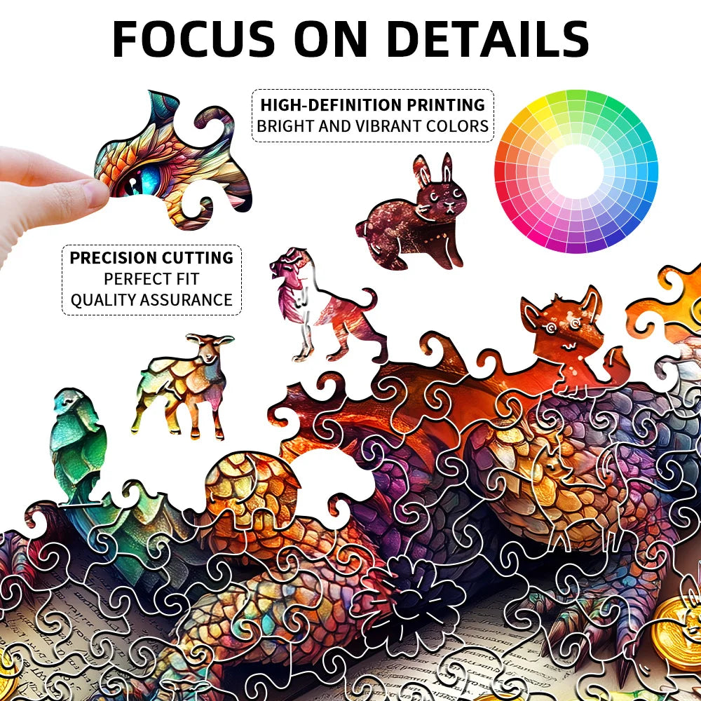 A detailed puzzle featuring a dragon and other mythical creatures cut from wood with vibrant colors.