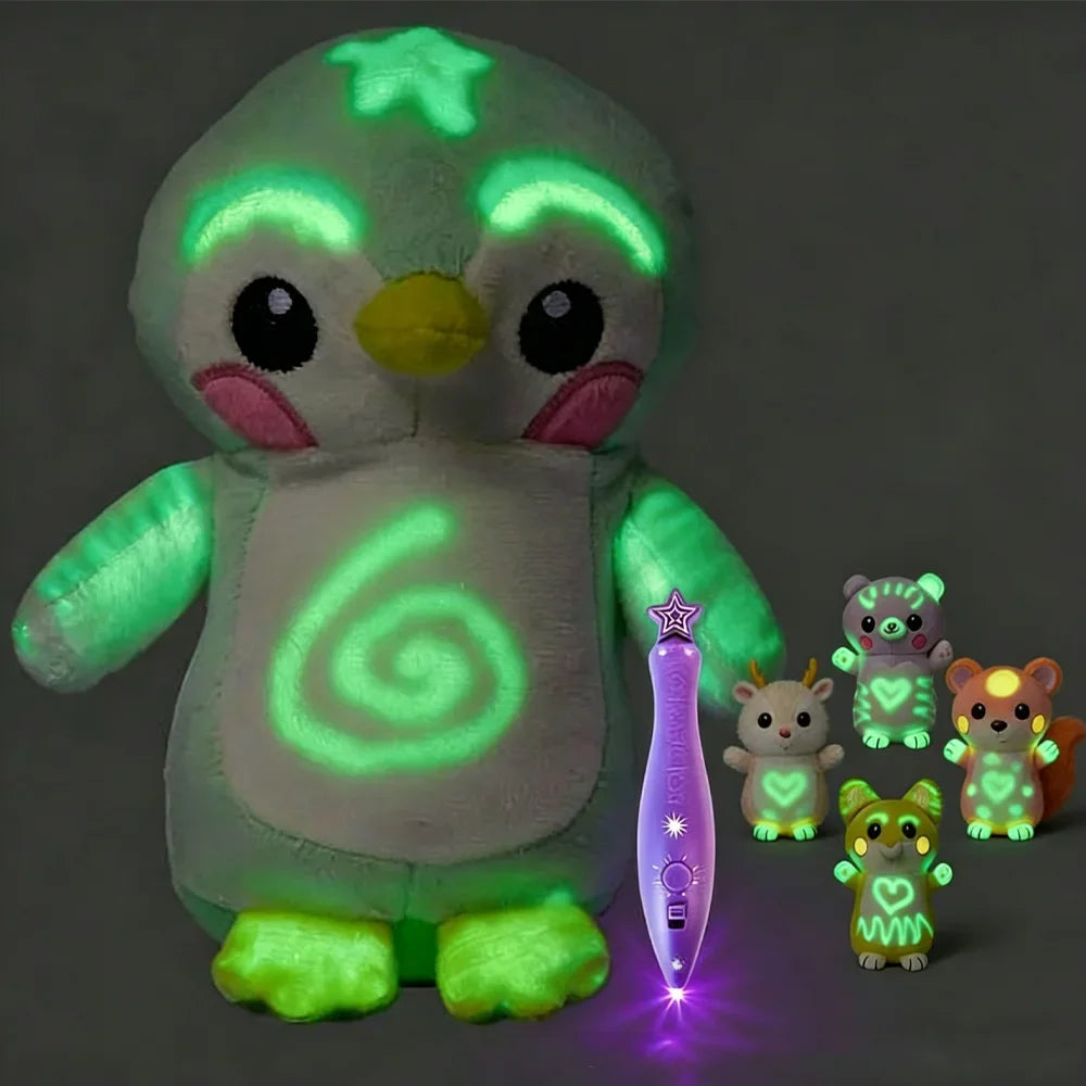 A soft green plush toy shaped like a penguin with glowing light patterns on its body and face.