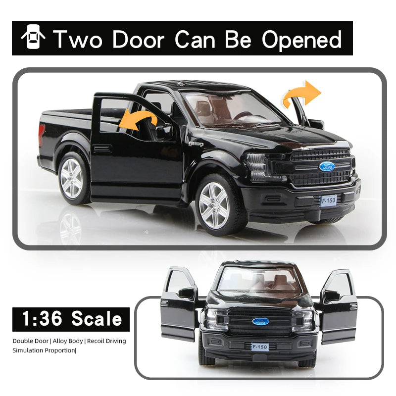 A black 1:36 scale diecast model of a Ford F-150 truck with the doors open.
