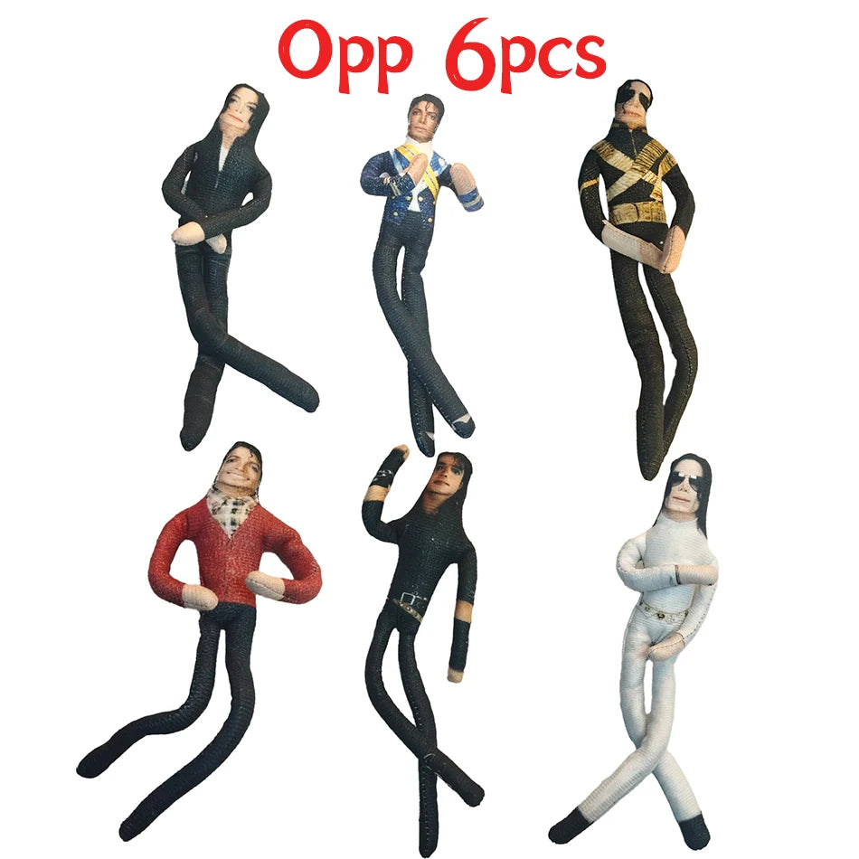 Six poseable plush dolls depicting Michael Jackson in various outfits and poses.