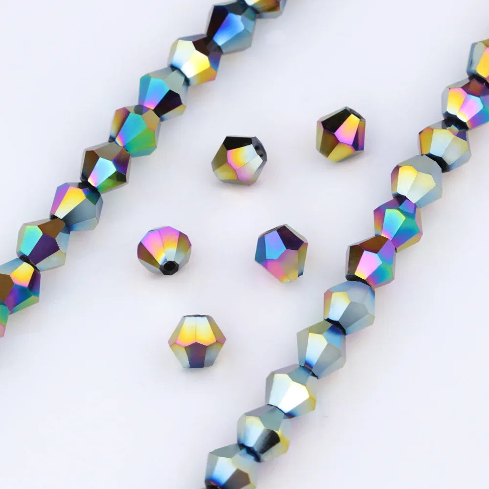 A string of multicolor faceted glass bicone crystal beads for jewelry making