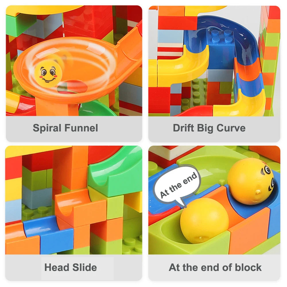 Four images showing different sections of a marble run building blocks maze track toy including a spiral funnel, drift big cu