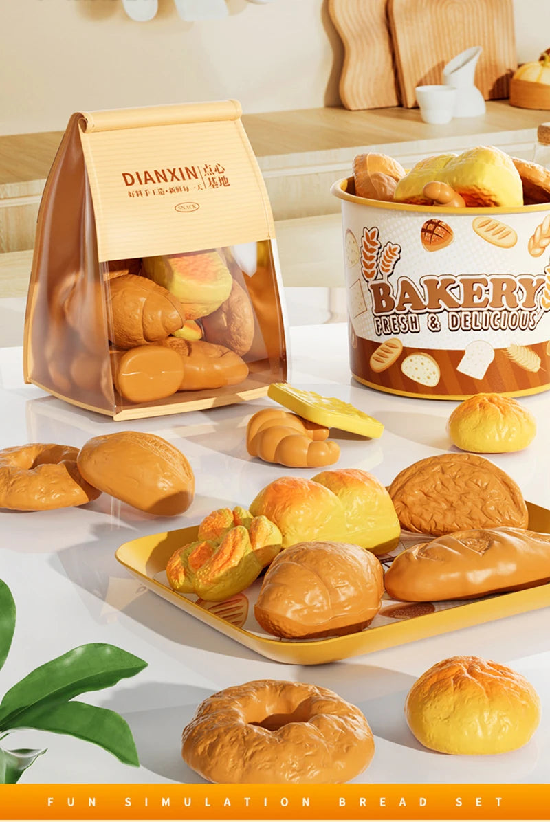 A set of realistic pretend play bread and baked goods for a kids kitchen simulation.