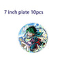 A circular plate featuring an illustration of a green-haired superhero character.