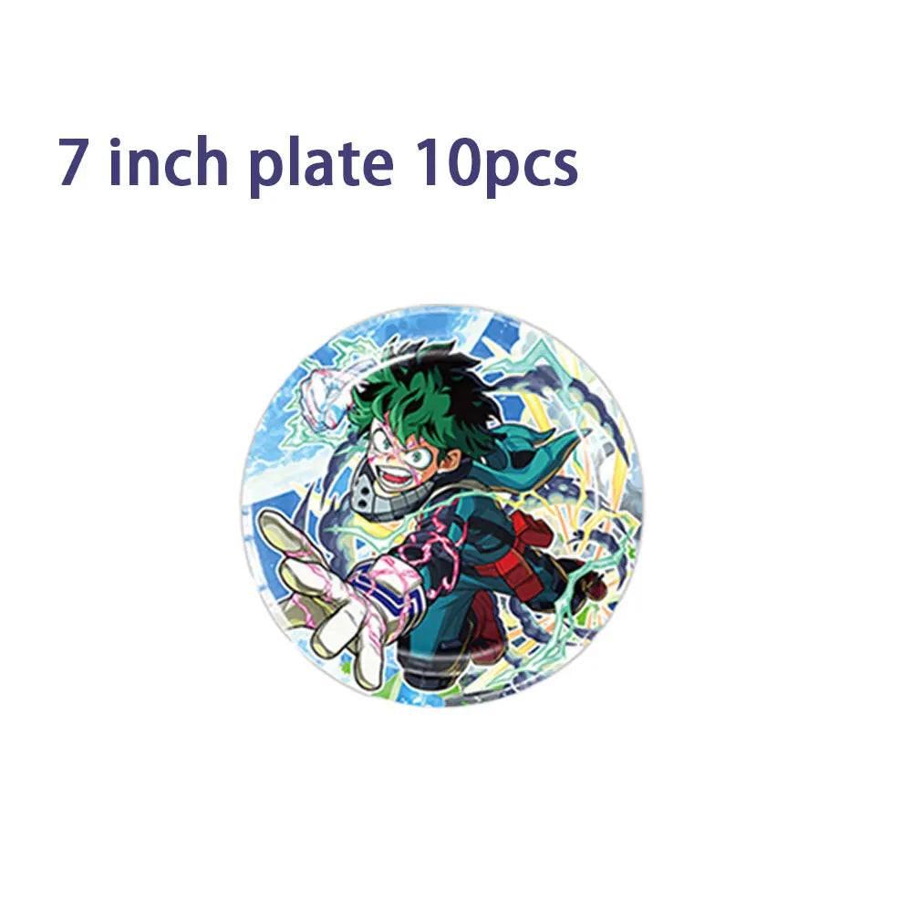 A circular plate featuring an illustration of a green-haired superhero character.