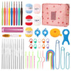 A collection of 59 crochet tools including needles, hooks, and various accessories in a pink organizer case.