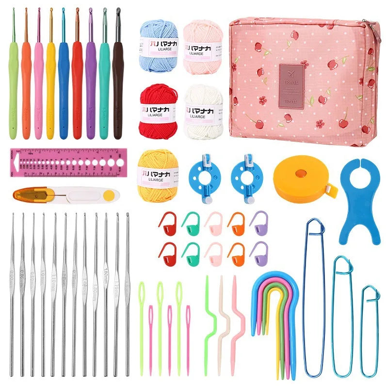 A collection of 59 crochet tools including needles, hooks, and various accessories in a pink organizer case.