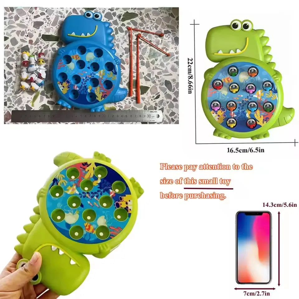 A green magnetic fishing toy set for kids featuring a fish-shaped toy and multiple colorful plastic fish.