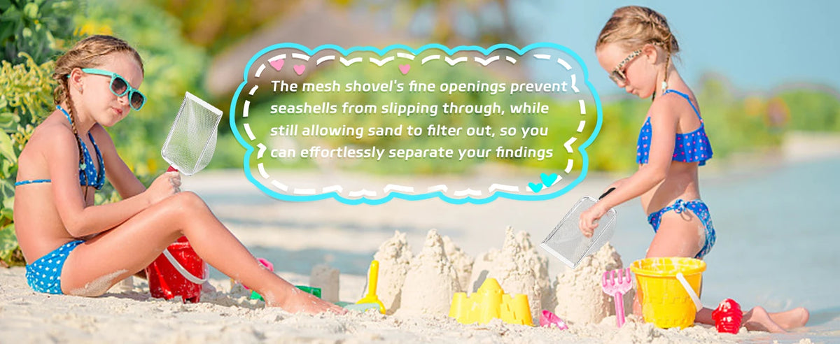 A young girl uses a mesh shovel to separate sand and finds from the beach.