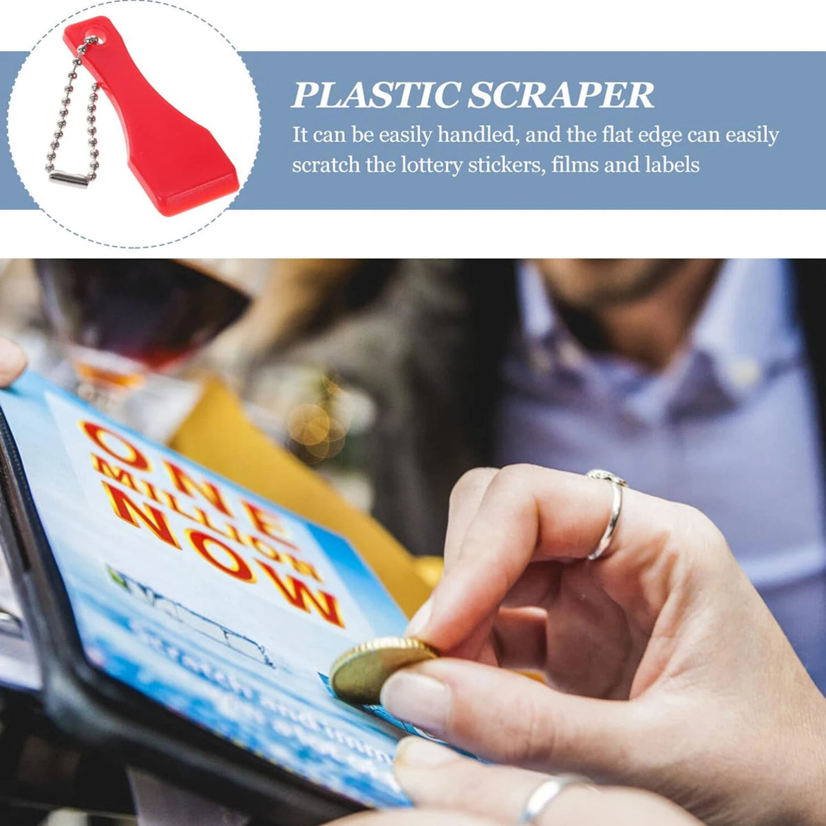 A hand uses a plastic scraper tool to scratch lottery stickers on a card.