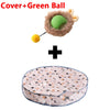 A fuzzy cover with a green ball and a yellow ball, plus a pink hide and seek mat.