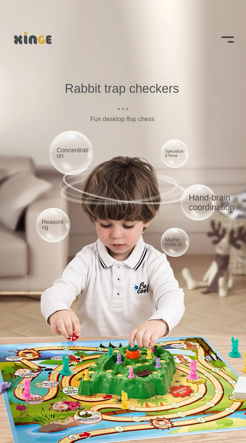 A child is playing a colorful rabbit trap puzzle game on a board, demonstrating hand-brain coordination.