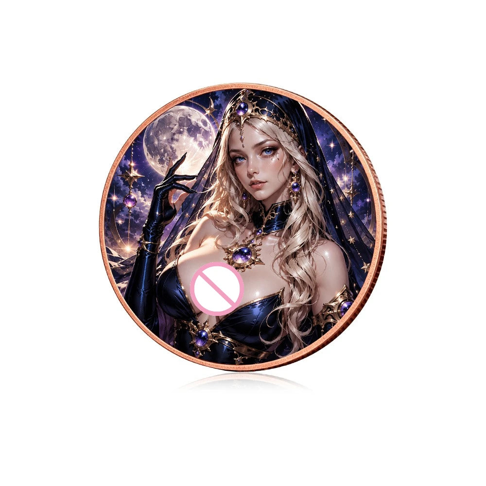 A fantasy witch portrait featuring a woman with long blonde hair and dark clothing, set against a starry purple background.