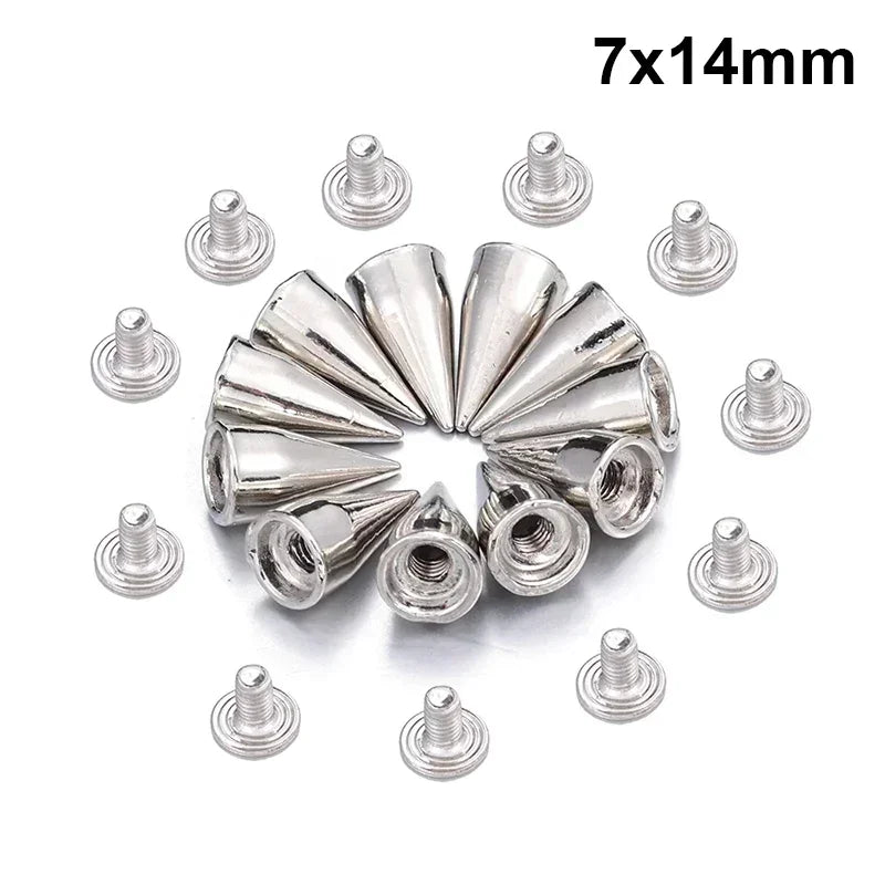A collection of silver punk cone spike rivets measuring 7x14mm.