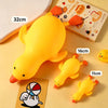 A yellow squishy toy shaped like a duck is shown next to a book and a card.