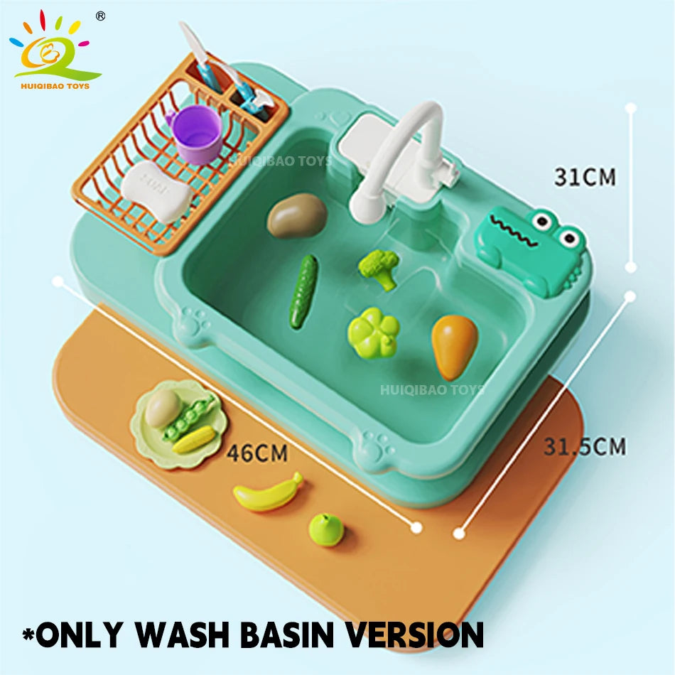 A green kids electric play sink with a faucet and various food items, shown in an orange tray.
