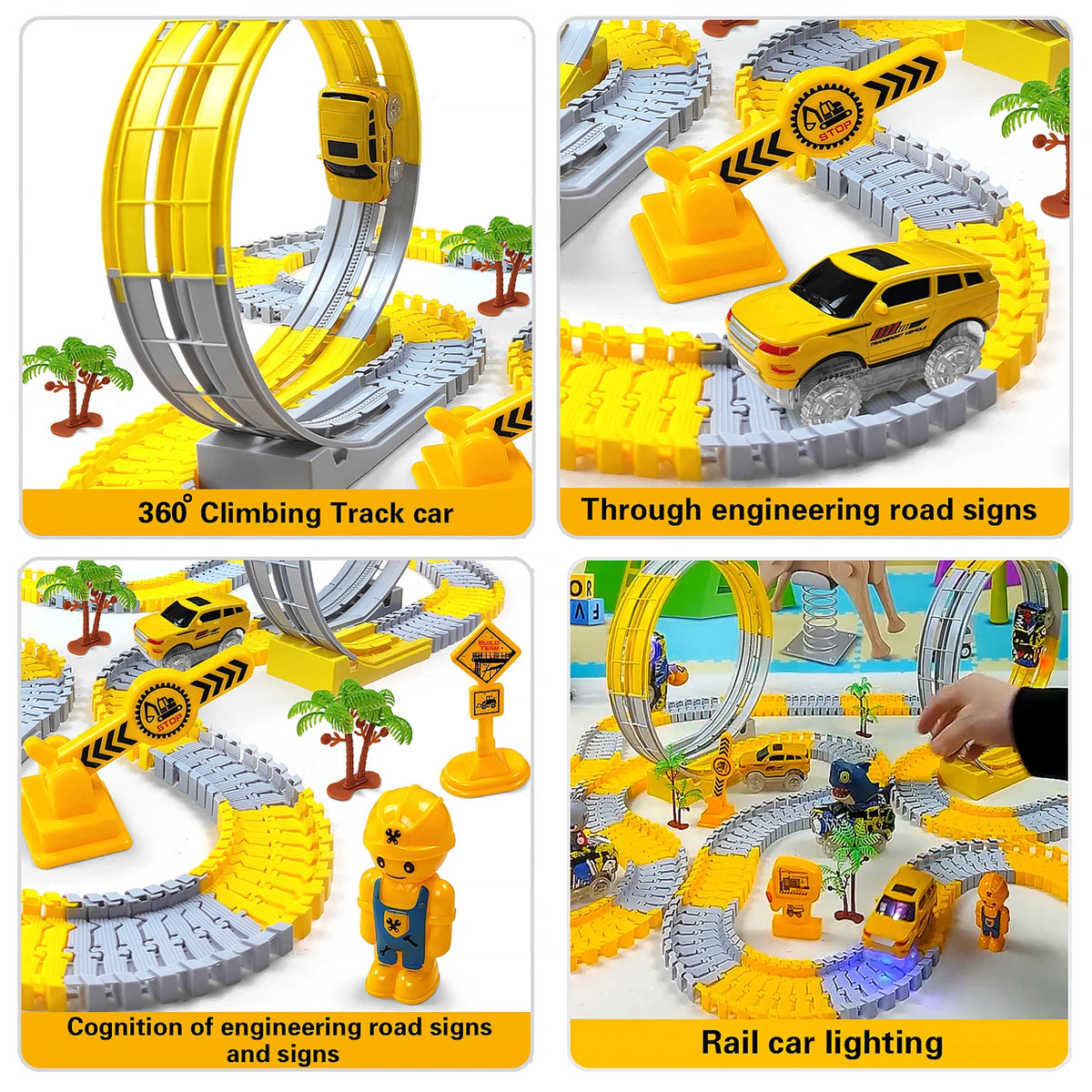 A set of flexible dinosaur race tracks and engineering road signs used for building and racing electric cars.
