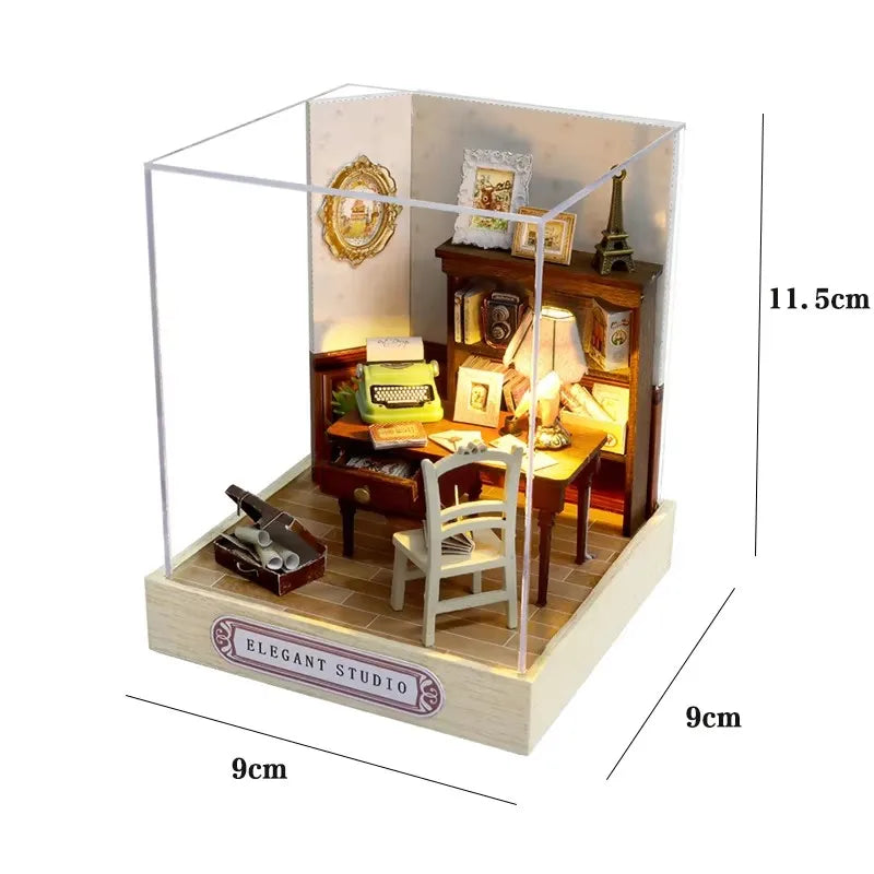 A wooden dollhouse display featuring furniture, decorative items, and LED lighting within a clear acrylic frame.