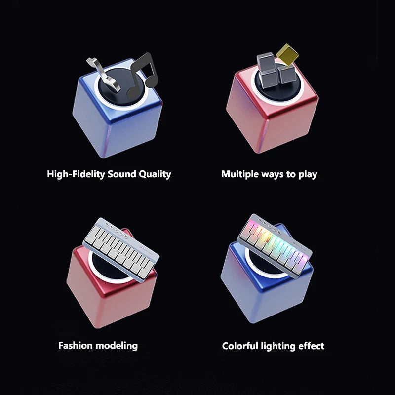 A colorful LED mini piano with 15 keys shown in four different modes: high-fidelity sound, multiple ways to play, fashion mod