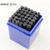 A small blue container filled with 36 black carbon steel stamping pins for marking leather, metal, and wood.