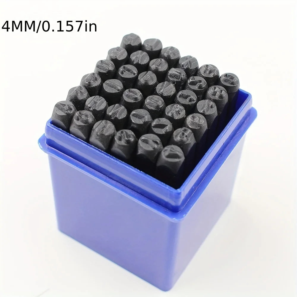 A small blue container filled with 36 black carbon steel stamping pins for marking leather, metal, and wood.