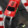A red drift car is shown performing a fast cornering maneuver on a track, with a black car visible below it.