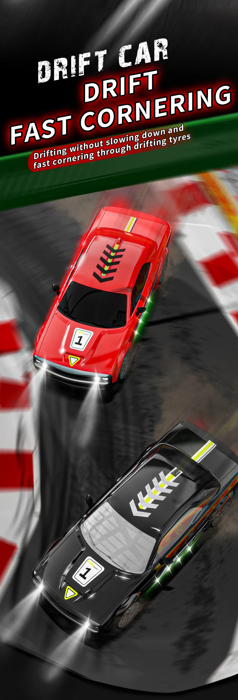 A red drift car is shown performing a fast cornering maneuver on a track, with a black car visible below it.