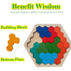 A wooden building block puzzle set with various colored hexagonal pieces and a bottom plate.