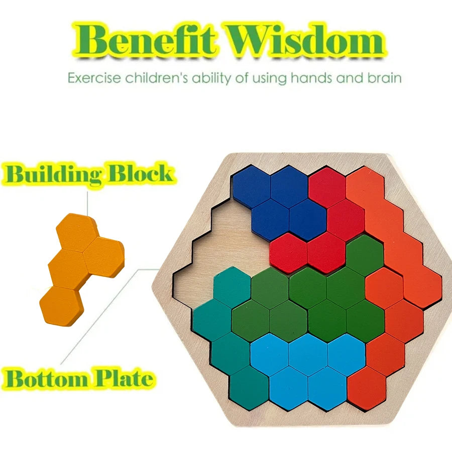 A wooden building block puzzle set with various colored hexagonal pieces and a bottom plate.