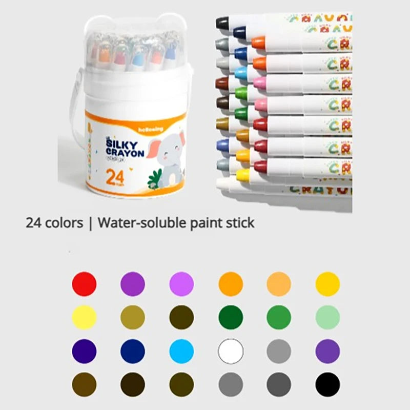 A set of 24 water-soluble paint sticks in various colors displayed next to a white container.