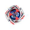 A silver metal spinning top with red accents and a blue center, showing the precision balance mechanism.
